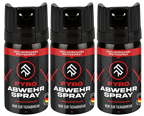 FYRO Pfefferspray zur Selbstverteidigung 3er Pack | KO Spray | Abwehrspray | Jet - Fog Sprühstrahl | 4 Meter Reichweite | Verteidigungsspray zur Tierabwehr | Hundeabwehr | 40 ml | klein