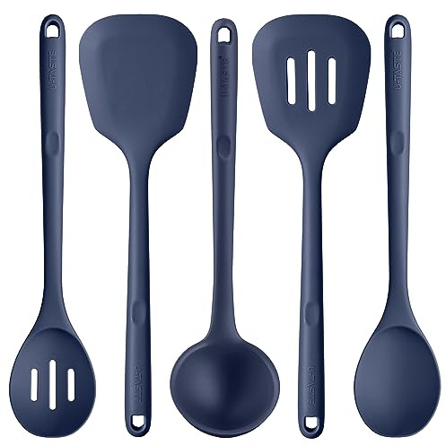 U-Taste Extra Long Silicone Kitchen Utensils, 5 Pcs 315℃ Heat Resistant Food Grade Cooking Tools Non-Stick Silicone Spatula Turner Spoon for Mixing Serving Frying Stirring Draining (Midnight Blue)