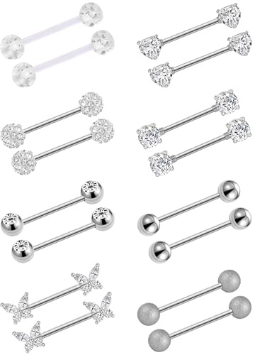 Akeoqi 8 Pairs Nipple Rings Tongue Ring 14G Stainless Steel CZ Ball Heart Butterfly Nipple Straight Barbells Body Piercing Jewelry for Women Men Silver Tone 14mm