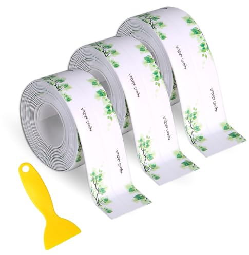 3 Rolls Bath Sealant Strips, Caulk Strip Self Adhesive Tape Waterproof Bathroom Stick Sealant Simple Seal Tape with Sealing Tool for Bathroom, Bathtub, Toilet, Kitchen, Wall Floor(Leaf)