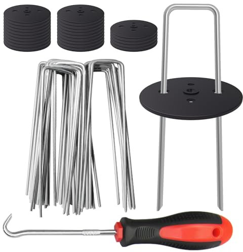 25 Weed Control Membrane Pegs + 25 Buffer Washer, 6 Inch 11 Gauge Galvanized U-Shaped Metal Garden Landscape Staples Weed Mat Yard Ground Pins for Securing Weed Barrier Fabric，Artificial Turf