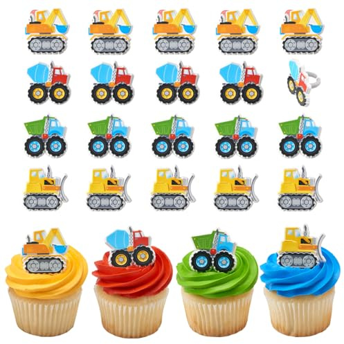DecoPac Construction Rings, Cupcake Decorations, Construction Vehicle Cupcake Toppers, Mixer Truck, Excavator, Dump Truck & Bulldozer, Food Safe Cake Topper – 24 Pack