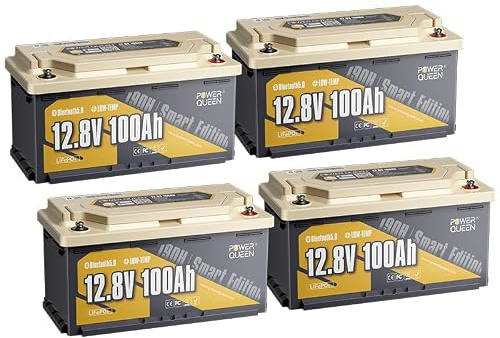 Power Queen LiFePO4 12V 100Ah H190 Bluetooth Lithium Batterie, niedertemperaturgeschützt mit 100A BMS, passend für Wohnmobil, Wohnwagen & Camper (DIN H8, L5, GROUP49), 4 Pack