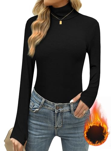 Terecey Hauts Thermiques Femme en Coton Manche Longue T-Shirt Chaud Col Roulé sous Vêtements Thermiques Décontracté Sweatshirt de Sport Chic Élégant, Noir, L