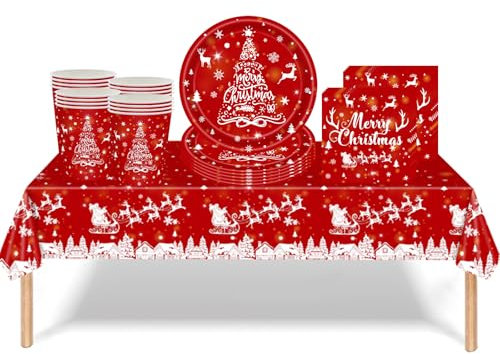 53Pcs Red Christmas Sleigh Tableware Decorations,Merry Christmas Plastic Table Cloth,Paper Cups Napkins Plates Red Sleigh Table Cover Dinnerware for Xmas Party Supplies