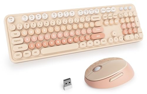 SbocKeeb Niedlich Kabellose Tastatur und Maus, Amerikanisch QWERTY,104 Schreibmaschinentastatur in Voller Größe, 2.4 GHz Bunt Tastatur Maus Set mit Retro Runden Tastenkappen,Gradient Beige