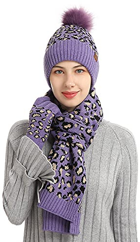 BrightGlow Winter Schal Strickmütze Kombiset Leopard Stricken Mit Pompon Bommel Weicher 3 In 1 Mütze Schal Handschuh Sets für Damen Strickset Schal Mütze Touchscreen Handschuhe Set