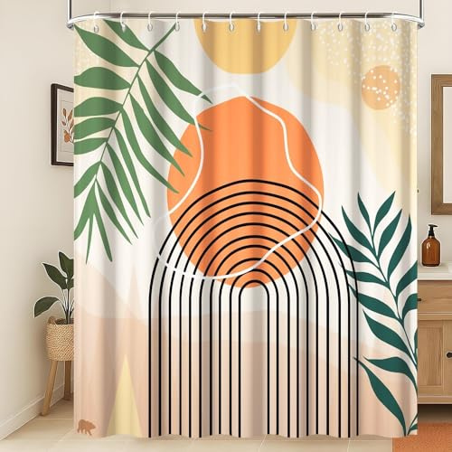 Xiaoterna Sonne Linie Duschvorhang Waschbare Duschvorhänge Weiße Punkte Flecken Duschvorhang Buntes Boho Duschvorhang Maschinenwaschbar Wasserdichter Stoff 200x180cm