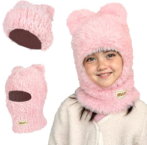 TAGVO Barn balaklava vinter, multifunktionell vindtät stickad mössa med mjuk och varm fleece, halsvärmare vintermössa ansiktsmask utomhus mössa halsduk set mössa för 3–10 pojkar flickor, ROSA, one