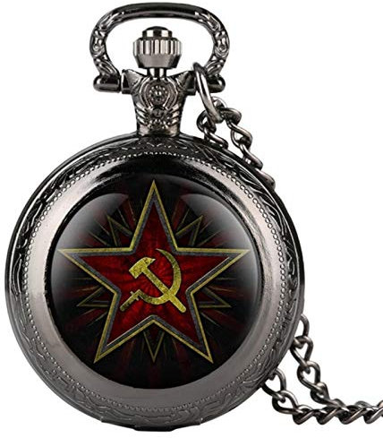 HUIBBGO Reloj de Bolsillo de Cuarzo Negro con Emblema del Partido Pentagrama de la URSS, Insignias soviéticas, Martillo, Hoz, Reloj del ejército Ruso, Comunismo