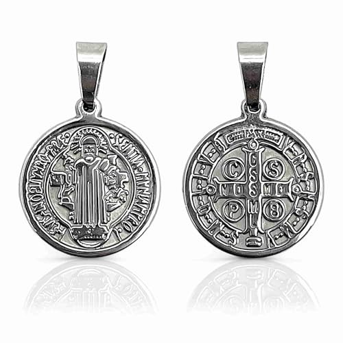 arana's - Medalla San Benito acero inoxidable 316L - Tamaño mediano 18 mm diametro para colgante o pulsera hombre mujer y niños - Cruz San Benito amuleto de la suerte religioso