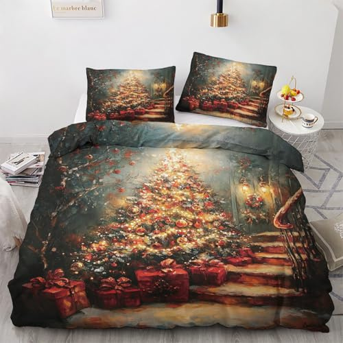 Generisch Bettwäsche 140x200 Weihnachten Motiv - Weihnachtsbaum Bettbezug und 1 Kissenbezug 70x90, Weiche Bügelfreie Mikrofaser Deckenbezug 2er Set mit Reißverschluss, Wendebettwäsche & Deko M&-6530
