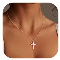 Dochais Collier Croix Zircon Cubique Or 14K, Argent, Or Rose Bijoux Cadeau pour Femme - Ras du Cou Latéral