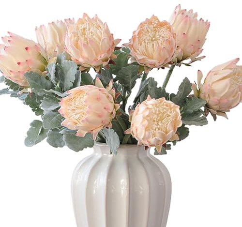UniqKaliber 4-delad konstgjord kung prote blomma tropiska blommor bukett vår falska protea cynaroider blomsterarrangemang silkesblomma bukett för bröllop bord bordsuppsats dekor