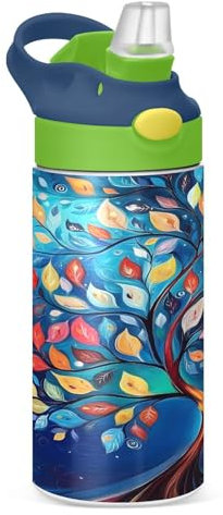 Mnsruu Kids Water Bottle with Straw 350ml, Tree Of Life Swirls Stainless Steel Insulated Toddler Cup Leakproof Drink Flask Bottle for Boys Hot Cold, BPA-Free