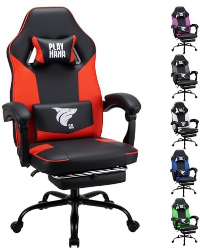 Play haha.Ergonomic Gaming Chair with Footrest, High Back Office Chair with Lumbar Support and Headrest, Faux leather Reclining Swivel Chair for Home and Office (Red,With footrest)