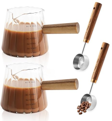 2Pcs Espresso Shot Glass, 6oz Espresso Cups with 2Pcs Coffee Measuring Spoon, Expresso Shot Cup with V-Shape Mouth, Milk Frothing Pitcher, Glass Measuring Cup Espresso Accessories