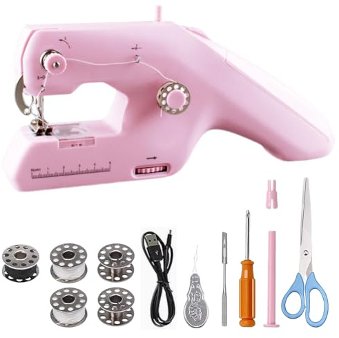 Mini macchina da cucire a mano, macchina elettrica portatile a doppio filo, macchina da cucire a mano con accessori per cucire, strumenti di cucito elettrici per principianti fai da te tende