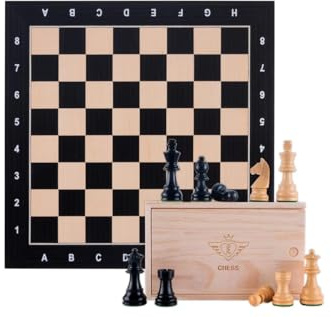 Engelhart - 170495 - Luxuriöses Schachspiel mit Koordinaten - Schwarz - 40 cm - Schachbrett aus eingelegtem Ahornholz - Gewichtete, Geschnitzte Figuren - Ab 6 Jahren