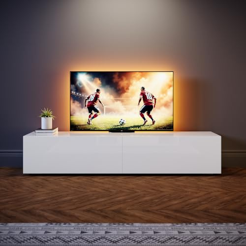 SONNI Lowboard, 160x40x30cm, Hängend/Stehend, Mit 2 Klapptürfach, Weiß | TV-Schrank Hochglanz für Fernseher bis zu 65 Zoll, Fernsehtisch Griffloses Design, TV-Regal für Wohnzimmer, Schlafzimmer