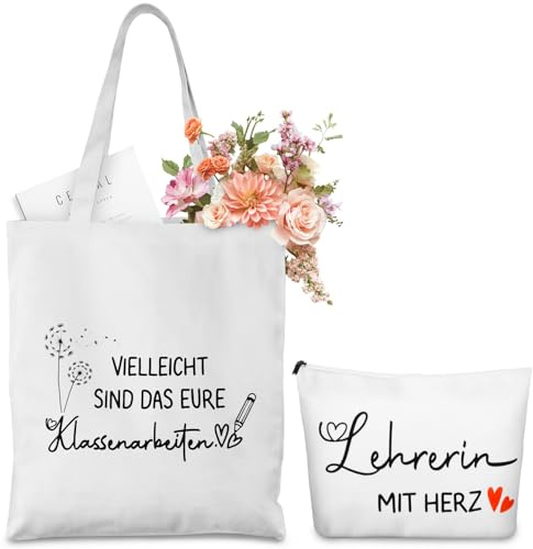 TUZELIYA Lehrer Geschenk Abschiedsgeschenk Lehrerin Baumwollbeutel mit Kosmetiktasche - Lehrerin Geschenk Stofftasch Dankeschön Mäppchen Abschiedsgeschenk für Lehrer Erzieher