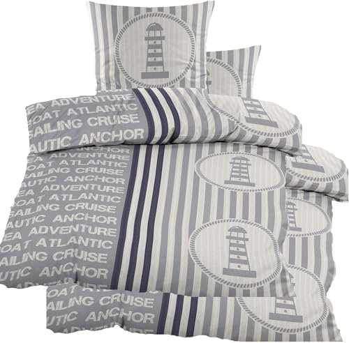 KH-Haushaltshandel 4-TLG. Seersucker Bettwäsche 2X (135x200 +80x80cm), grau weiß, Leuchturm, bügelfrei (60392)