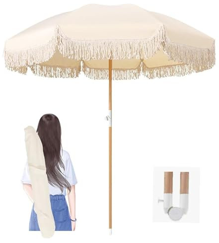OPOLDBDMAC 2m Boho Strandschirm Mit Fransen，Windbeständig Sonnenschirme UV Schutz Balkonschirm Knickbar Sonnenschirm Rund Mit Tasche
