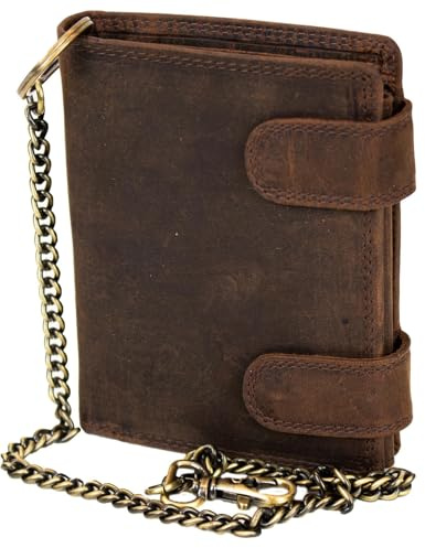 MDM Biker Portefeuille en cuir véritable pour homme avec chaîne, design vintage, protection RFID, nombreux compartiments pour cartes et compartiment à monnaie, marron, 10.0 X 12.5 X 2.5 Centimeters
