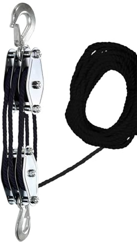 Rope Pulley Hoist - 2200 Lbs Breaking Strength Heavy Duty Rope Hoist Block And Tackle Pulley System 1100 LBS Load, 49.2FT Heavy Duty RopeHoist With 6:1 Labor Saving For Lifting & Hoisting
