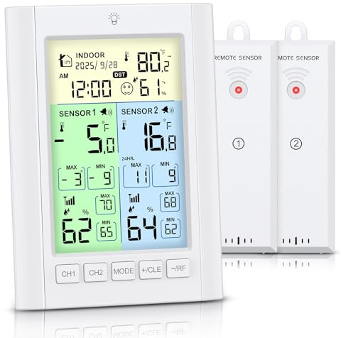 Ankilo Fridge Thermometer, Digital Fridge Freezer Thermometer with Alert, Backlight, Date, Time, Rechargeable, MAX/MIN Record, Refrigerator Thermometer for Kitchen Home Restaurants