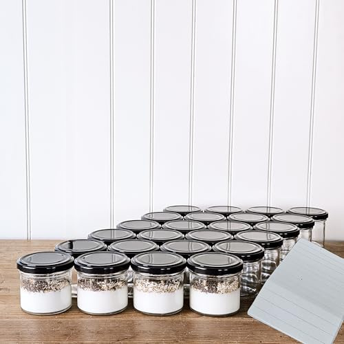Einmachgläser 125 ml mit Twist-Off Deckel Ø 66 mm – Marmeladengläser mit Deckel - Einweckgläser mit Etiketten - Gläser für Marmelade, Honig & Desserts – gläser - Einmachglas (Schwarz, 24 Stk.)
