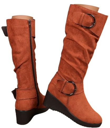 Qgtxf Stivali Alti Ginocchio da Donna Round Toe Scamosciato Laterale con Cerniera Stivali Cuneo Fibbia Anti Slip Scarpe da Camminare(Brown,36 EU)