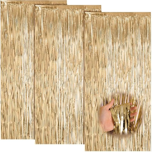 3 Stück Champagnerfarbene Lametta Vorhänge, 2M x 1M Metallische Folie Fransen Vorhang Funkeln Vorhängen Dekoration, Glitzervorhang Lametta fur Party Deko Geburtstagsdeko Hochzeit Festivals Bühnendekor