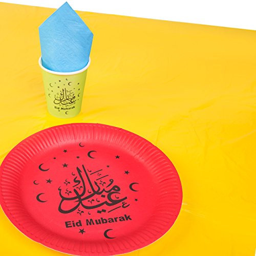 Vaisselle Ramadan Kareem/Eid Mubarak – 10 assiettes en carton, 10 gobelets, 20 serviettes et nappe (multicolore « Eid Mubarak » avec assiette rouge)