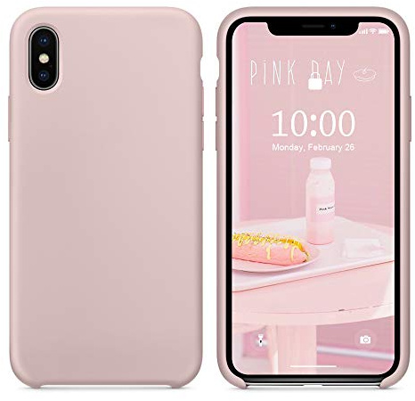 SURPHY iPhone XS, iPhone X-fodral, flytande silikonfodral med mjuk mikrofiber kudde foder stötskydd fodral för iPhone XS/X 5,8 tum, rosa sand