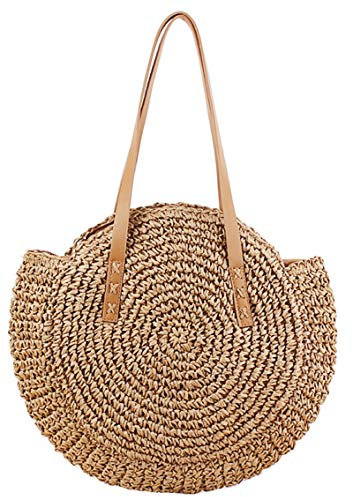 Beach Bags for Women Straw Bag Vacation Summer Large Foldable Straw Beach Bag Tote Woven Shoulder Purse Handbag Gifts (Khaki)