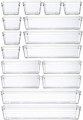 Grace Store 16 Pcs Clear Plastic Drawer Organiser Trays Desk Versatile Kitchen Drawer Organiser Bins Tray for Makeup Bedroom Office