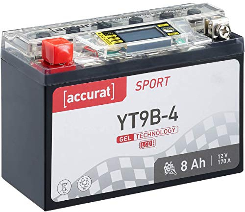 Accurat Motorradbatterie YT9B-4-12V, 8Ah, 170A, rüttelfest, wartungsfrei, LCD Display - Starterbatterie, Gel Batterie in Erstausrüsterqualität für Rasentraktor, Roller, Motorrad, Quad