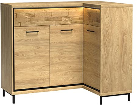 Eckkommode Berspe BP15K, Kommode, Mehrzweckschrank, Anrichte für Diele und Flur, Esszimmerkommmode, Gedämpftem Schließsystem, Seite: Links (Hikora Natur + Holzdekor + Metallfüße, mit LED Beleuchtung)