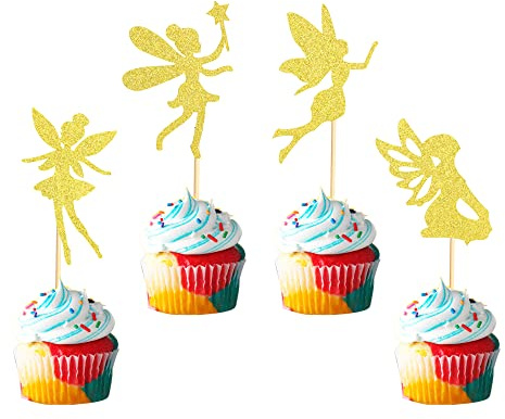 Arthsdite 48 Stück Blumenfee Cupcake Topper Engel Fee Pixie Cupcake Picks Vormontierte Ballett Tänzerin Topper für Geburtstag Brautparty Babyparty Hochzeit Dekoration - Gold Glitter