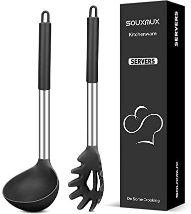 Silikon-Nudelgabel und Suppen-Schöpfkellen-Set, Antihaft-BPA-freie hitzebeständige handliche Küchenutensilien zum Kochen, Servieren, Abtropfen, Rühren (Schwarz)