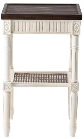Rustic Farmhouse Cottagecore Accent End Table, Distressed Accent Side Table with Espresso Tray Top and Woven Wicker Shelf, Boho, French Country Decor, Square, Weathered Brown & White