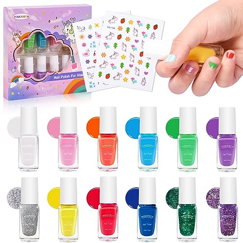 wakaniya Kinder Nagellack, 12 Farben Peel-Off Ungiftig Kindernagellack Mädchen mit Nagelsticker, Schnell Trocknend und Leicht zu Entladen, Nail Polish Geburtstagsgeschenk