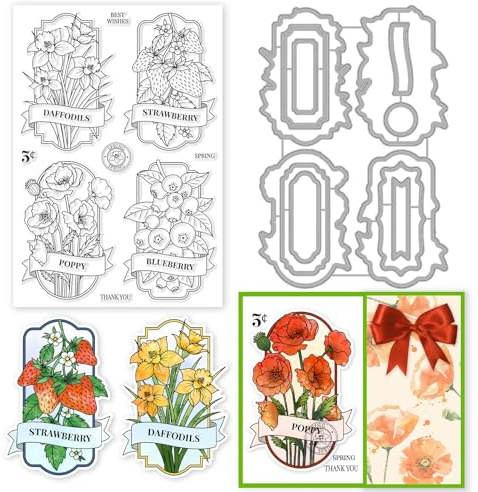 INFUNLY Frühling Blume Clear Stempel und Matrizen Set Erdbeere Früchte Floral Transparente Silikon Stempel Label Cutting Stanze für Karte machen DIY Handwerk Scrapbooking Weihnachten Gruß Karte Dekor