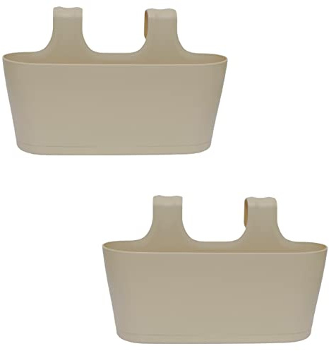 Engelland 2 x Blumenkasten zum Auf-Hängen, Farbe: Sand, Blumentopf, oval, Balkon, Übertopf, Pflanzkasten, mit Wasserspeicher/Wasserauffangschale