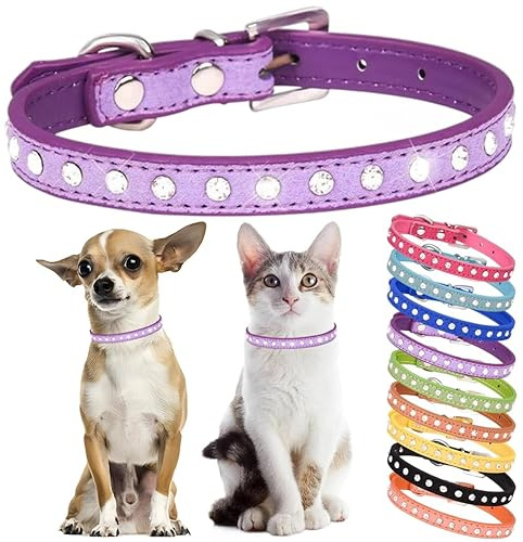 Hotlion Strass-Hundehalsband, süßes Kristalldiamant-Katzenhalsband, weiches Leder, Kätzchen, Welpenhalsbänder, verstellbar, für kleine mittelgroße Hunde, Lila, XS