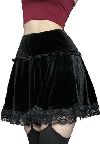 Mini Jupe Goth Halloween Gothique Vintage en Dentelle Velours Emo Alt Grunge Taille Haute A Ligne en Dentelle, 4, XL