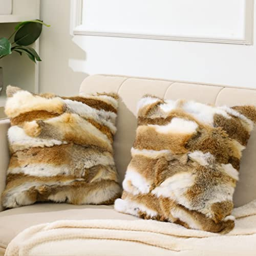 Entua Natural Fur Decorative Throw Pillow Covers Soft Fluffy Animal Skin Accent Cushion Cover for Couch Sofa Farmhouse Pillowcase for Home Decor Brown White Real Rabbit Fur 18x18