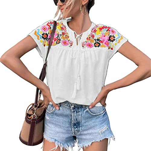 Ausla Femmes Floral brodé Col en V à Manches Courtes Chemisier Haut Gland à Lacets Style Mexicain Chemises de Plage Blouses (M)