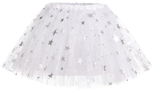 PLIKSUVER Girls Tutu Skirt 3 Layers Tulle Dance Skirts with Stars Sequin for Girls Dance Princess Performance Christmas Hallow (White)